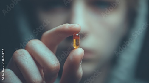Hand holding transparent capsule with blurred face concept