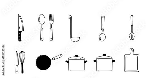 Black and white illustration of various kitchen utensils and cookware on a white background