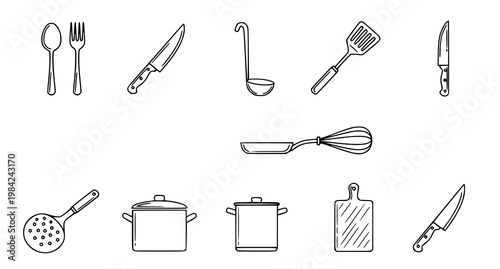 Black and white line drawing of various kitchen utensils and cookware items on a white background