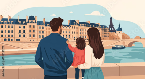 Flat vector illustration of a family of three from a rear view, looking across the Seine River towards the Eiffel Tower and classic French architecture in Paris, France.