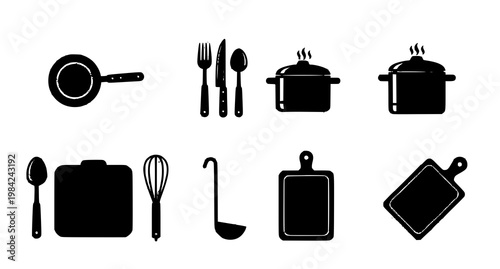 Black silhouette kitchen utensils and cookware collection a culinary iconography set