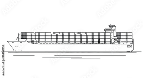 A detailed line drawing depicts a large container ship at sea