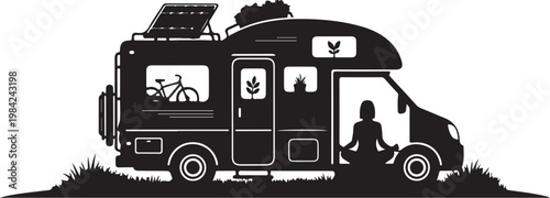 Camper van, motorhome, RV silhouette, travel trailer, outdoor adventure