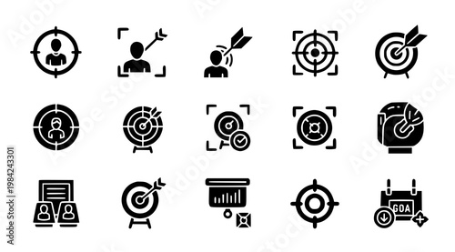 Black glyph icons representing business strategy goal setting and teamwork concepts