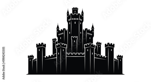 A detailed black silhouette of a medieval castle with multiple towers