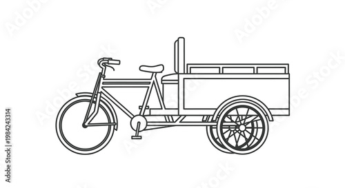 Simple line drawing of a vintage three wheeled cargo bicycle