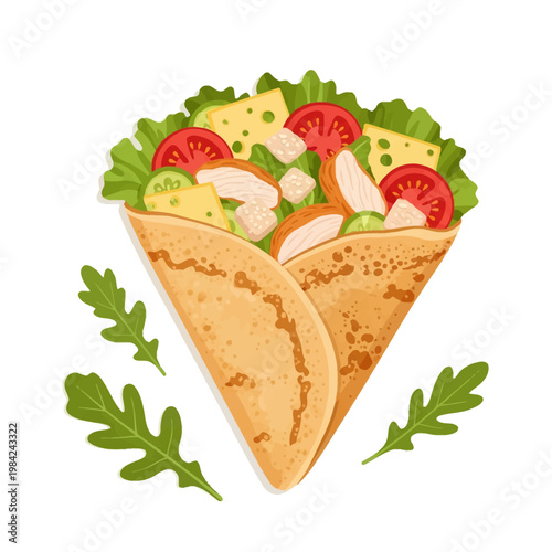 Savory crepe wrap stuffed with Caesar salad ingredients including grilled chicken breast, sliced tomatoes, green lettuce, cucumber, Swiss cheese, and croutons, isolated vector.