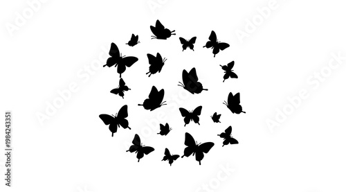A swarm of black butterflies forming a circular pattern on a clean white background