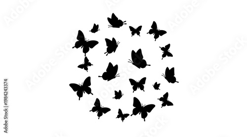 A swarm of black butterflies forming a circular pattern on a white background