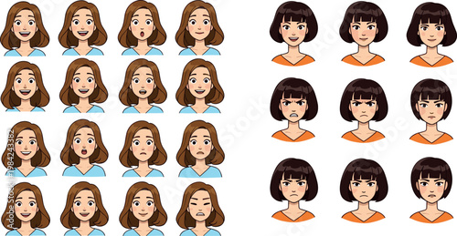 Female facial expressions set with different emotions including happy sad angry surprised cartoon characters isolated vector illustration