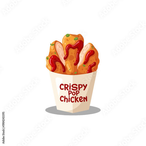 Vector illustration of golden breaded popcorn chicken pieces in a white paper bucket with red chili sauce drizzle, green scallion garnish, and the text Crispy Pop Chicken.