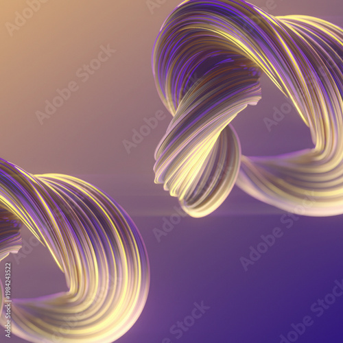A dynamic 3D composition of two woven shapes in gold and purple