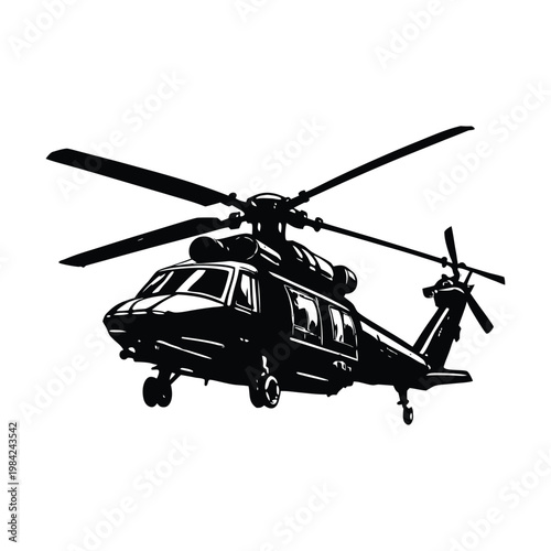 Black helicopter silhouette, aircraft icon, rotorcraft illustration, flying machine