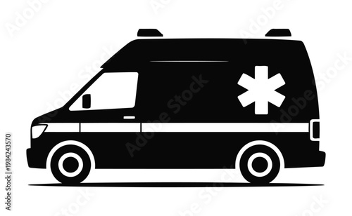 Modern Ambulance Silhouette Vector, Emergency Medical Vehicle Black Icon, Healthcare Transport Design on White Background