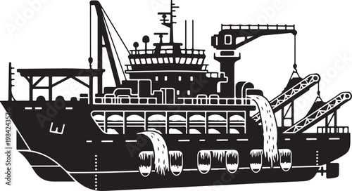 Industrial cargo ship, freight vessel, black and white illustration, vector graphic