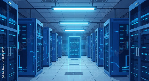 Modern data center interior vector featuring rows of server cabinets with glowing blue lights, symmetrical aisle perspective, overhead fluorescent lighting, and tech equipment.