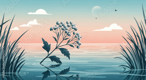 Minimalist vector illustration of a delicate flowering plant stem with small blossoms emerging from calm water, featuring a soft sunset sky with clouds, a moon, and tall grass.