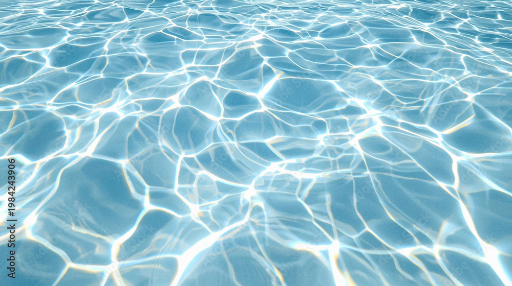 Fototapeta premium Stunning high-resolution blue water caustics texture, shimmering sunlight reflection on swimming pool surface. Perfect clean abstract background for web design, summer marketing ads, and app UI