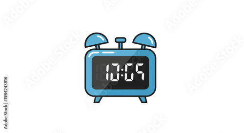 Vector illustration of a blue digital alarm clock with twin bells on top and a black LCD screen showing the time 10:05, isolated on a white background with a modern flat design style.