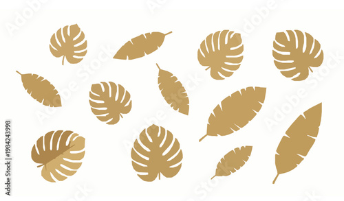 Golden tropical leaves flat lay vector elegant botanical arrangement luxury design for cosmetics and summer branding isolated on white
