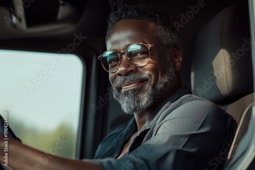 Smiling truck driver with glasses inside the cab of truck 