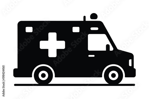 Modern Ambulance Silhouette Vector, Emergency Medical Vehicle Black Icon, Healthcare Transport Design on White Background