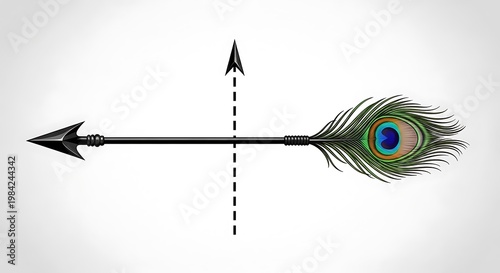 A peacock feather adorned arrow pointing towards a north directional arrow. illustration