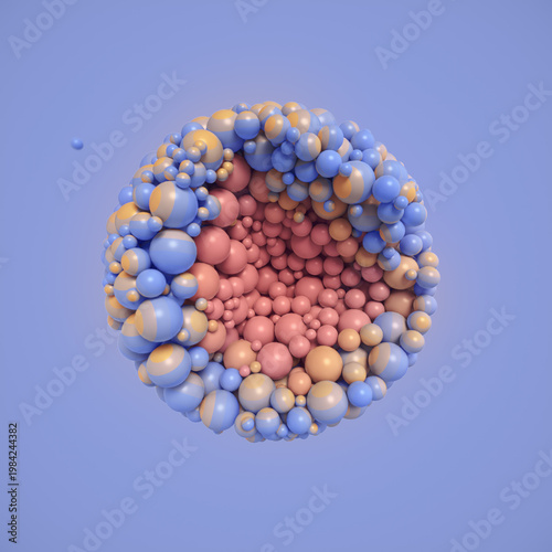 Volumetric hollow sphere made of light blue and coral balls on pastel background