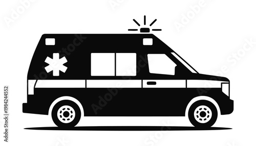 Modern Ambulance Silhouette Vector, Emergency Medical Vehicle Black Icon, Healthcare Transport Design on White Background