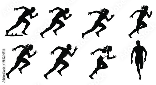 A dynamic arrangement of eight black silhouettes depicting people actively running illustrating movement and athleticism silhouette high quality professional detailed modern