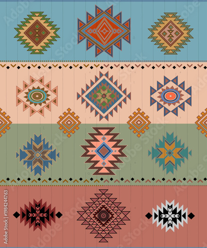 Vibrant Geometric Tribal Motif Collection in Earth and Pastel Tones