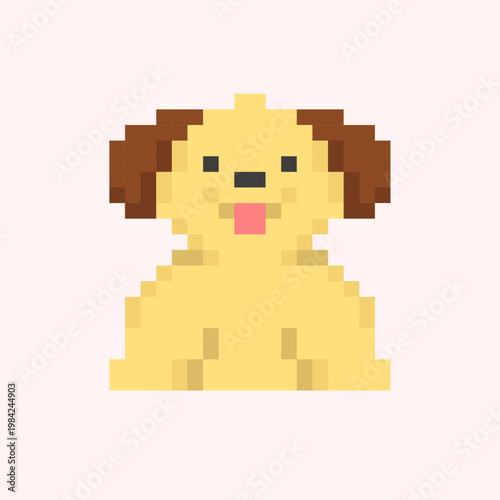 Cute pixel art illustration of a sitting puppy. Designed in a retro 8-bit style. Perfect for game assets, icons, stickers, and digital design projects. Vector