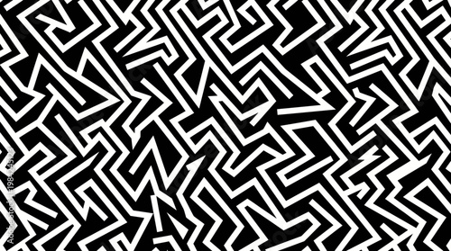 Abstract black and white zigzag geometric pattern with bold angular lines and repetitive tessellated motifs.
