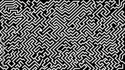 Intricate black and white maze pattern with interlocking geometric lines and tessellated texture.