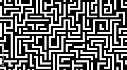 Intricate black and white geometric maze pattern with interlocking squares and lines.