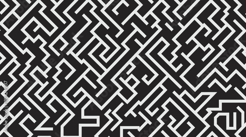 Abstract geometric maze pattern in black and white graphic design.