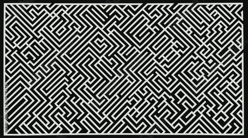 Intricate black and white geometric maze pattern suitable for backgrounds.