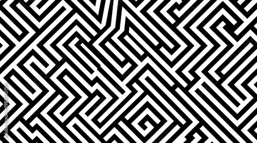 Intricate Black and White Abstract Geometric Pattern with Interlocking Lines and Optical Illusion.