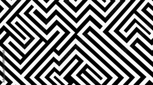 Complex black and white geometric maze pattern with interlocking lines and optical illusion effects.