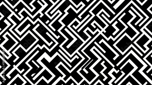 Interlocking black and white geometric maze pattern with tessellated lines and optical illusion texture.