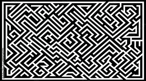 Intricate black and white geometric maze pattern for graphic design and ornamentation.