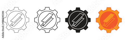 set of industrial engineering and construction symbols featuring metal beams and gears in various styles and formats for manufacturing and structural design concepts