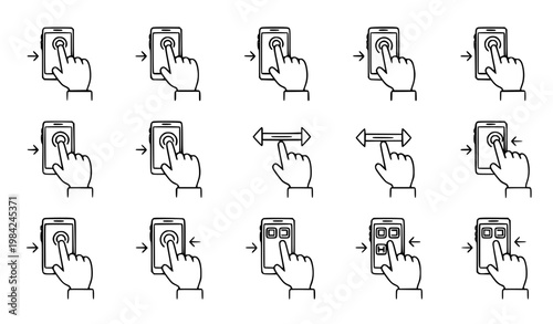 set of paper clips Smartphone hands gesture icon set black and white outline vector mobile touch interaction collection