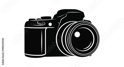 A striking black silhouette of a professional digital slr camera displaying intricate details and a classic shape silhouette high quality detailed