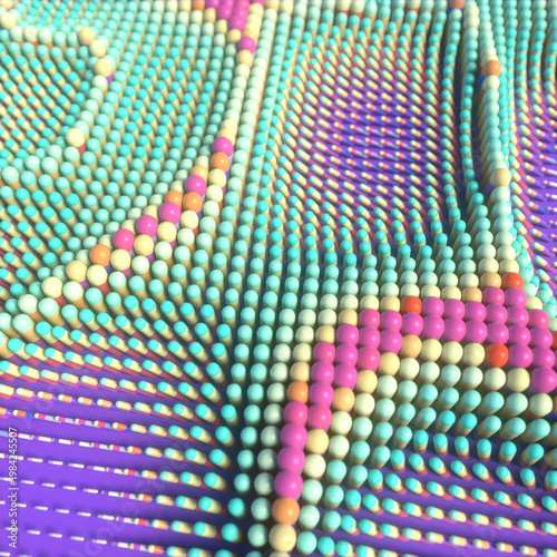 A wavy landscape of multicolored capsules arranged in rows. A dynamic 3D texture reminiscent of a data stream or digital fabric. A combination of purple, yellow, and blue. Background for presentations