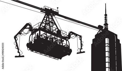 Cable car, gondola lift, urban transport, city travel, silhouette, black, vector illustration