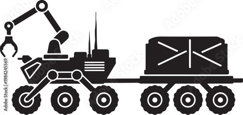 Robotic rover vehicle, industrial robot arm, cargo transporter, black silhouette illustration