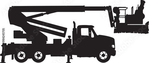 Black silhouette truck mounted crane, heavy equipment, construction vehicle, industrial machinery