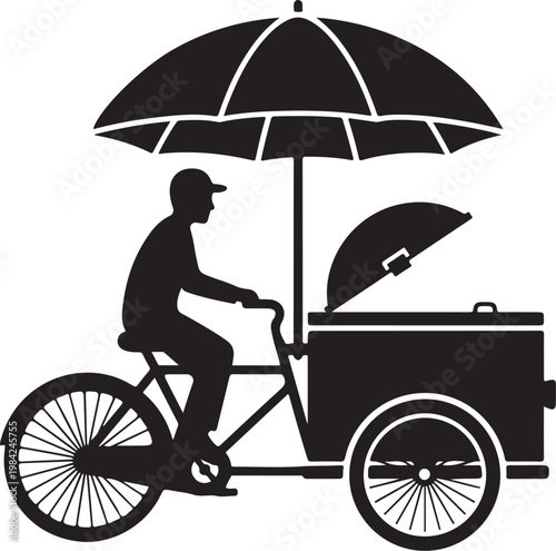 Black silhouette of food vendor on bicycle with umbrella, street food cart, urban icon