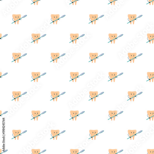 Cute molar tooth character holding a dental mirror repeatedly creating a seamless background pattern